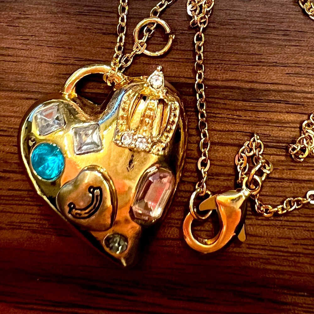 Juicy Couture Gold Colorful Jeweled Heart Necklace Crown Long 31”